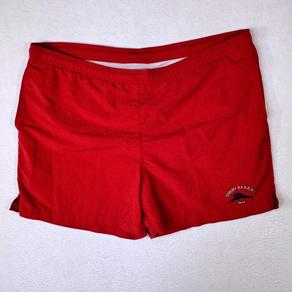 Tommy Bahama Relax Mens Red Nylon Swim Trunks Board Shorts Size L Marlin Logo